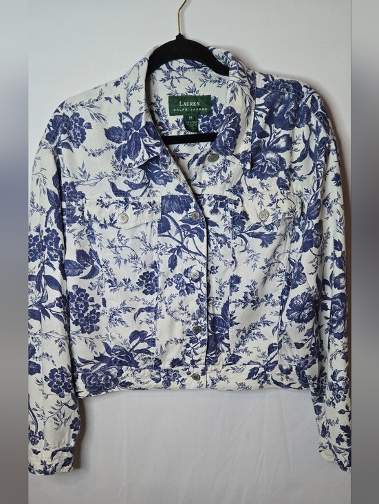 Lauren Ralph Lauren Jackets & Blazers - Lauren Ralph Lauren 100% Linen Lightweight White Blue Floral Crop Jacket Medium